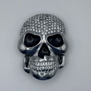 Vtg RT Rhinestone Encrusted Silver Skull Belt Buckle - Goth Rocker Punk